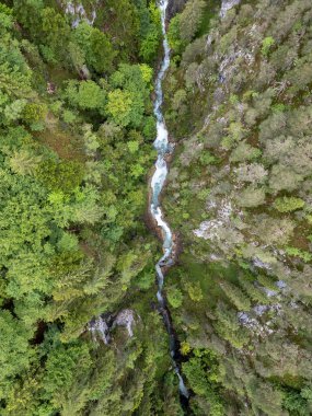 Kendinizi doğanın vahşi güzelliğine bu çarpıcı hava görüntüsüyle daldırın. Gök mavisi bir nehir, beyaz akıntılarla noktalanmış, dramatik, ormanlık bir kanyon boyunca bir tarafı yemyeşil gölgelik olan bir yol oyuyor..