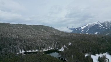 Sessiz Kış Manzarası: Karla kaplı Çam Ağaçları ve Dağlarla çevrili Gözlerden uzak Alp Gölü İnsansız Hava Aracı Manzarası