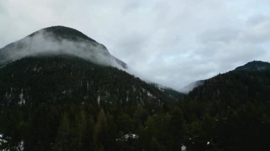 Yoğun bir çam ormanı ve gizemli bulutlu bir gökyüzünün yer aldığı kışın sisli bir dağ vadisinde dramatik bir hava görüntüsü..