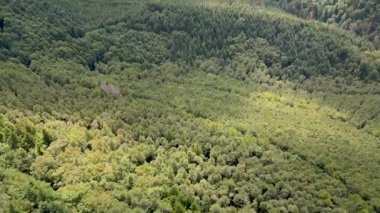 Yavaş, sinematik bir dron görüntüsü geniş bir sıradağları ve tepeleri gösteriyor. Yoğun, yemyeşil bir ormanla kaplı, kısmen bulutlu bir gökyüzünün altında..