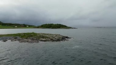 Uzak bir İskandinav fiyort sahil şeridine ait bir dron görüntüsü. Bir martı sürüsü kayalık bir sahilden dramatik, bulutlu gökyüzüne doğru uçuyor..