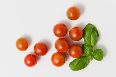 Cherry tomatoes with green basil on white background. Fresh vegetables. Top view.