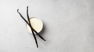Fotokopi alanı olan beyaz kasede vanilyalı puding. Gri arkaplanda tatlı bir tatlı