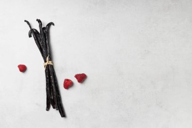 Fotokopi alanı olan gri arkaplanda ahududu olan vanilyalı fasulye. Kuru vanilya çubukları.