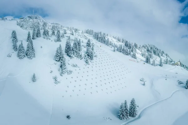 Avalanche Barrier Snowy Mountain Hahnenkamm White Trees Transmission Mast Summit — Stock Photo, Image