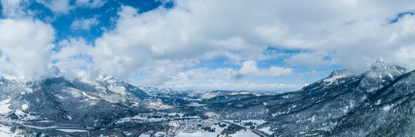 Lente Sneeuw Panorama Flach Tirol Bij Mooi Weer Ochtend Met Stockafbeelding