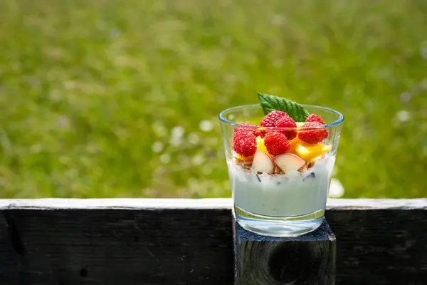 Appetitlich Gesunder Fruchtjoghurt Glas Auf Holzzaun Mit Grüner Wiese Hintergrund lizenzfreie Stockbilder