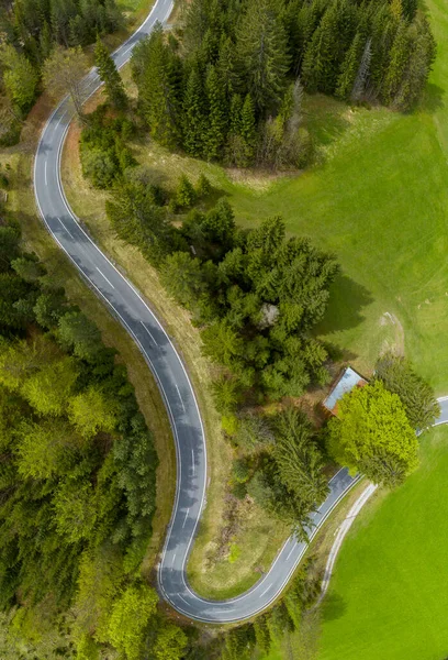 ロマンチックなレヒトアルプスのポートレートフォーマットは ヘアピンベンドで緑の森を風通し道路を渡します ロイヤリティフリーのストック写真