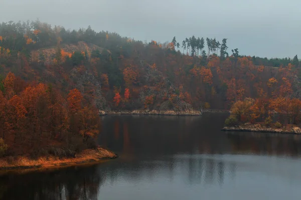 Δεξαμενή Νερού Dalesice Στον Ποταμό Jihlava Στην Ομίχλη Του Φθινοπώρου — Φωτογραφία Αρχείου