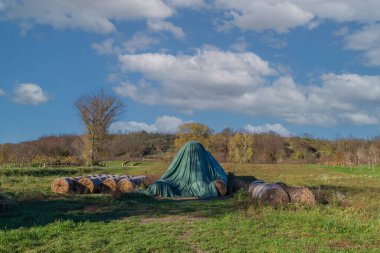 Wrapped straw bales. The bales are stacked in a meadow and covered with a tarpaulin against the rain.