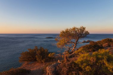 Beautiful landscape. Coast of the island of Crete - Greece area of Lerapetra Eden Rock. Beautiful sky at sunrise over the sea.