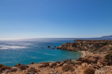 Beautiful landscape. Coast of the island of Crete - Greece area of Lerapetra Eden Rock. Beautiful sky at sunrise over the sea.