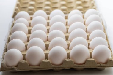 Büyük tavuk yumurtaları kağıt tabakta. Satılık yumurtalar. Düz resim.