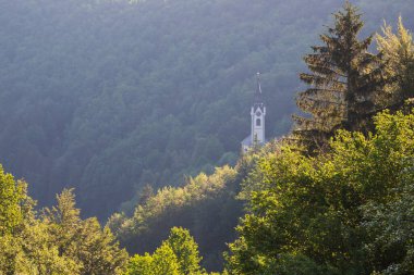 Slovenya 'nın Kropa bölgesindeki dağ ormanı manzarası.