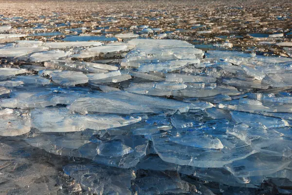 Kış manzarası. Gölde buzlar yüzer.