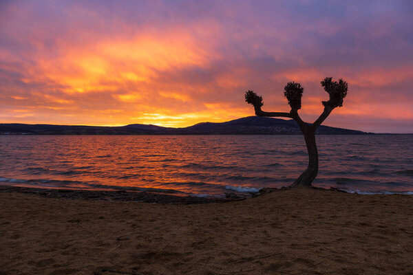 Lake landscape after sunset. Novomlynska reservoir - lower with a view of Palava