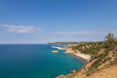 Limenaria bölgesindeki Thassos adasında deniz manzarası. Büyülü bir yer.