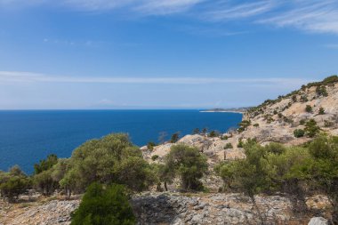 Yangından sonra yanan ağaçların olduğu deniz manzarası. Alyki bölgesi Thassos Adası Yunanistan. Ağaçlar çoktan yeşile döndü..