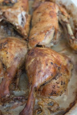 Pişirme tepsisindeki ördek. Ördek fırında pişiyor. Koyu kahverengi kümes hayvanları.