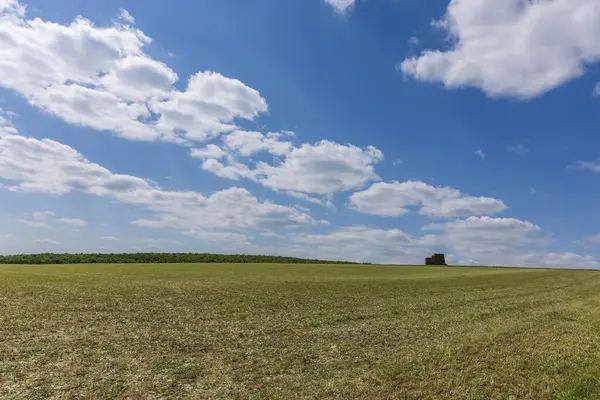 Açık arazi. Büyük bir alan yeşile dönüyor ve sahada bir saman yığını var. Gökyüzü beyaz bulutlarla mavidir.