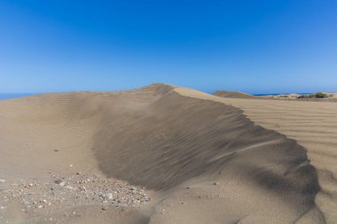 Maspaloma 'daki çöl manzarası ve kum tepeleri. Kum tepeleri ve deniz manzarası. Gran Kanarya Adası İspanya