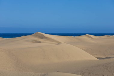 Maspaloma 'daki çöl manzarası ve kum tepeleri. Kum tepeleri ve deniz manzarası. Gran Kanarya Adası İspanya