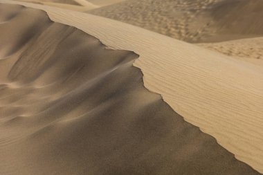 Maspaloma 'daki çöl manzarası ve kum tepeleri. Kum tepeleri ve deniz manzarası. Gran Kanarya Adası İspanya