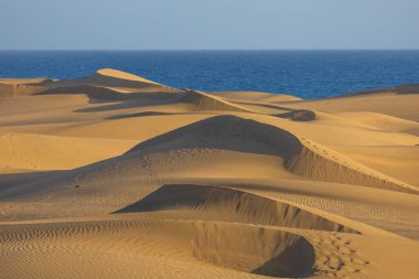 Maspaloma 'daki çöl manzarası ve kum tepeleri. Kum tepeleri ve deniz manzarası. Gran Kanarya Adası İspanya