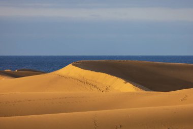 Maspaloma 'daki çöl manzarası ve kum tepeleri. Kum tepeleri ve deniz manzarası. Gran Kanarya Adası İspanya