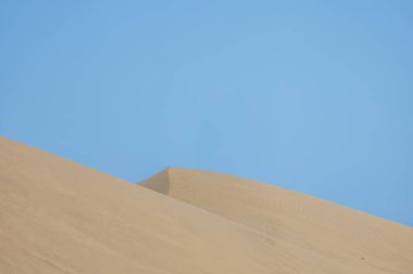 Maspaloma 'daki çöl manzarası ve kum tepeleri. Kum tepeleri ve deniz manzarası. Gran Kanarya Adası İspanya