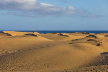 Maspaloma 'daki çöl manzarası ve kum tepeleri. Kum tepeleri ve deniz manzarası. Gran Kanarya Adası İspanya