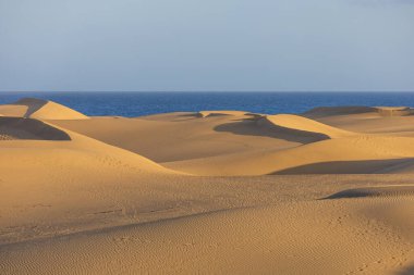 Maspaloma 'daki çöl manzarası ve kum tepeleri. Kum tepeleri ve deniz manzarası. Gran Kanarya Adası İspanya