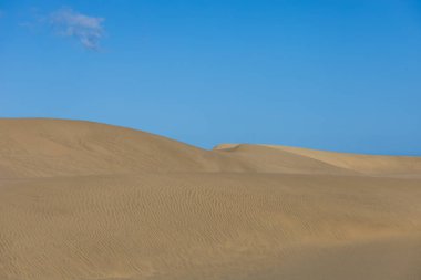 Maspaloma 'daki çöl manzarası ve kum tepeleri. Kum tepeleri ve deniz manzarası. Gran Kanarya Adası İspanya