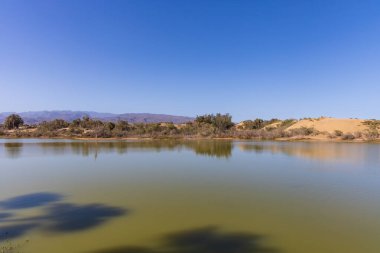 Faro de Maspaloma İspanya deniz manzarası, sahil ve deniz feneri Faro ve Gran Kanarya 'daki kum tepeleri