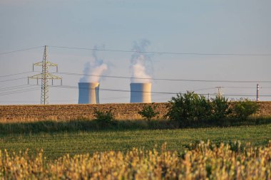 Batan güneşte haşhaş tarlası. Arka planda Çek Cumhuriyeti 'nin Dukovany nükleer santrali yer alıyor.