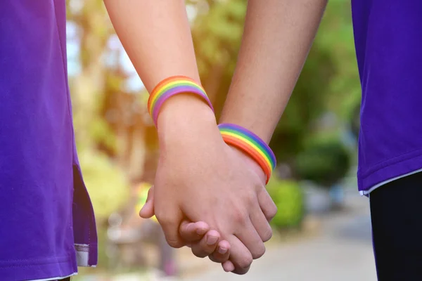 Bracelet Arc Ciel Main Jeunes Homosexuels Asiatiques Pour Montrer Représenter — Photo
