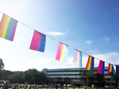 Lgbtq + bayraklar, güneşli bir günde bluesky 'ye karşı kabloyla asıldı, yumuşak ve seçici odaklanma, LGBTQ + cinsiyet kutlamaları için dünya çapında gurur ayında konsept.