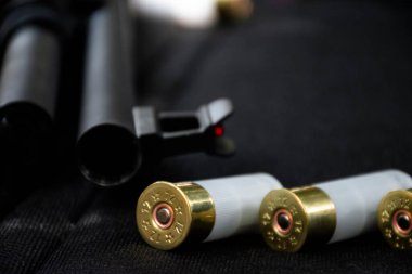 12 kırmızı avcılık kartuşları ahşap arka planda av tüfeği için ölçer.