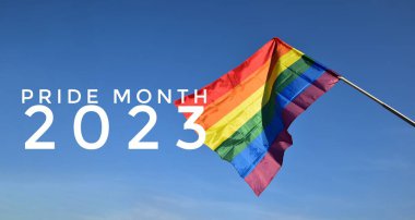 Bluesky ve gökkuşağı bayrakları geçmişi, gurur ayında lgbtq + kutlamaları konsepti, Haziran 2023.