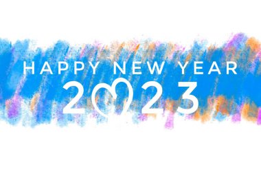 Bulanık el çizimi mavi sarı ve pembe arka plan, tebrik kartı konsepti ve yeni yıl konsepti 2023 'te mutlu yıllar..