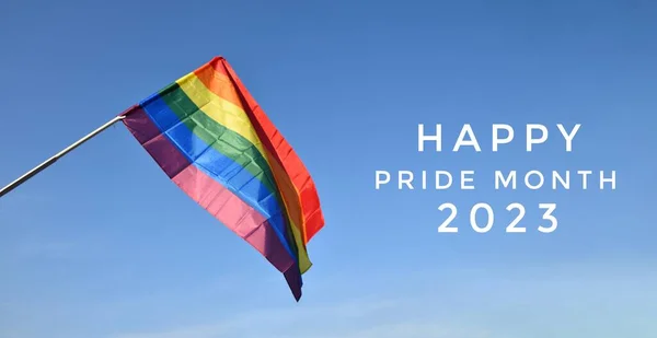 Happy Pride Month 2023 Μπλε Και Ιριδίζουσες Σημαίες Φόντο Έννοια — Φωτογραφία Αρχείου