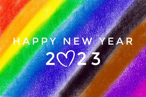 Happy New Year 2023 Blurred Hand Drawing Blue Yellow Pink — Stok Foto