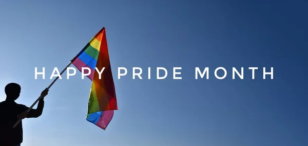 Happy Pride Month Bluesky Rainbow Flag Holding Hand Sunset Background — Stock Photo, Image
