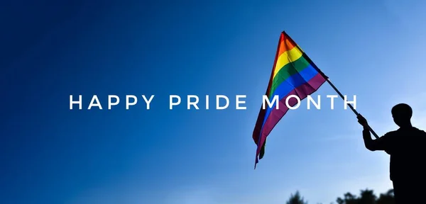 日没の背景に手に持っている青と虹の旗に ハッピープライド月間 誇り月 6月にLbtのお祝いのための概念 — ストック写真