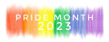 'Gurur Ayı 2023' Gökkuşağı renklerinde beyaz arka planda çizim, lgbt kutlaması konsepti gururlu ayda, Haziran 'da, tüm dünyada.