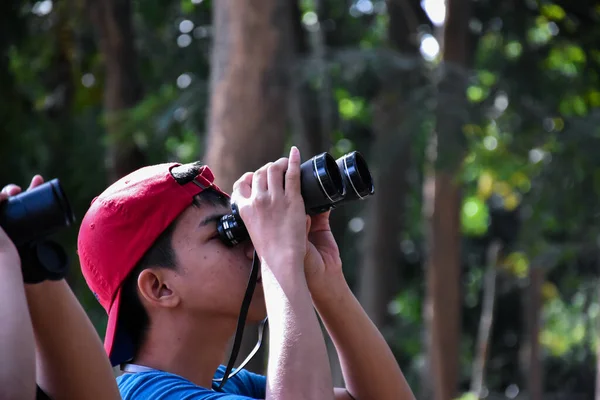 Портрет Азиатских Мальчиков Использующих Бинокль Наблюдения Птицами Тропическом Лесу Своими — стоковое фото