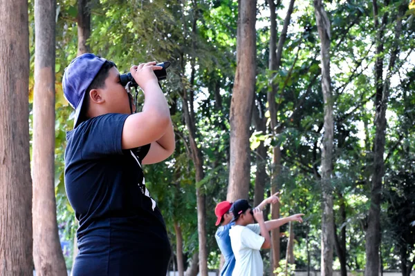 Arkadaşlarıyla Tropikal Ormanda Kuşları Izlemek Için Dürbün Kullanan Asyalı Çocukların — Stok fotoğraf