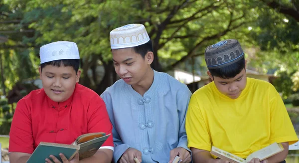 在学校公园的树下 一群穆斯林男孩坐在一起 他们还相互阅读 建议和咨询学习问题 并有选择地集中注意力 — 图库照片