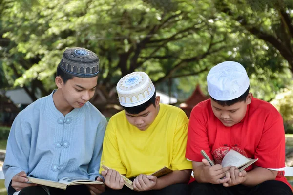 Egy Csapat Muszlim Fiú Együtt Alatt Iskolai Parkban Olvasnak Tanulnak — Stock Fotó