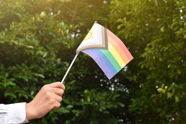 LGBTQ + bayrağı, el ele tutuşan kağıt, LGBTQ + topluluk kutlamaları konsepti ve tüm dünyada cinsiyet çeşitliliğine saygı duyulan gurur ayında, yumuşak ve seçici bir odak noktasında yapılır..